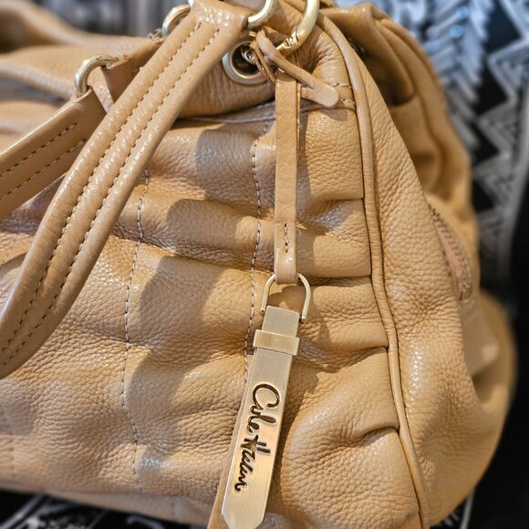 COLE HAAN Ruched Pebble leather top zip East West Shoulder Bag Beige w gold hw - Picture 3 of 13